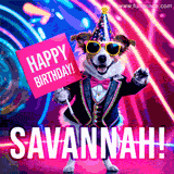 Animated GIF of a cool dog wearing a suit and sunglasses, holding a 'Happy Birthday' sign for Savannah, set against a bright and colorful neon party background.