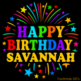 Personalized greeting card with name, colorful text that says 'Happy Birthday Savannah' surrounded by animated fireworks and multicolor stars