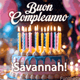 Birthday cake topped with pink and yellow lit candles, surrounded by glowing bokeh lights and party balloons. The greeting 'Buon Compleanno Savannah GIF!' is displayed.