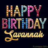 Vibrant luxury birthday greeting card for Savannah, showing glittering gemstone letters and golden calligraphy on a dark background with twinkling shine effects.