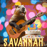 Animated birthday GIF showing a capybara playing guitar and singing beside a birthday cake with the name Savannah in large letters and colorful bokeh lights in the background.