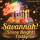 Yellow script spelling the name Savannah! on a classic chocolate cake under a glowing pink neon Happy Birthday sign.