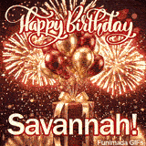 Bold white lettering with a dark red outline spelling Savannah across a festive red present wrapped in gold ribbon.