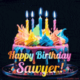 A vibrant animated GIF featuring a colorful rotating birthday cake with bright frosting swirls, glowing candles, and the text 'Happy Birthday Sawyer!' in rainbow colors.