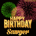 Wishing You A Happy Birthday, Sawyer! Best fireworks GIF animated greeting card.