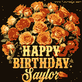 Beautiful bouquet of orange and red roses for Saylor, golden inscription and twinkling stars