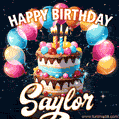 Hand-drawn happy birthday cake adorned with an arch of colorful balloons - name GIF for Saylor