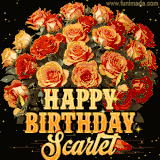 Animated bouquet of orange roses with moving butterfles and golden 'Happy Birthday Scarlet' text, surrounded by sparkling accents and a dark backdrop for a luxurious feel.