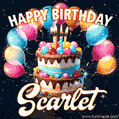 Hand-drawn happy birthday cake adorned with an arch of colorful balloons - name GIF for Scarlet