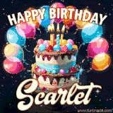 Bright birthday animation for Scarlet with a chocolate cake, candles, balloons, and glowing celebratory lights.
