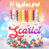 A cheerful white birthday cake with multicolor sprinkles, lit candles, and 'Scarlet' written in vibrant letters, in an animated GIF.