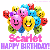 Animated colorful and joyful birthday balloons with cheerful smiles and a bright 'Happy Birthday Scarlet!' message in pink and purple.