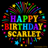 Personalized greeting card with name, colorful text that says 'Happy Birthday Scarlet' surrounded by animated fireworks and multicolor stars