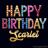 Vibrant luxury birthday greeting card for Scarlet, showing glittering gemstone letters and golden calligraphy on a dark background with twinkling shine effects.