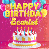 Pink-themed animated greeting with balloons, confetti, and a frosted cake under the message 'Happy Birthday Scarlet' in bold rounded yellow font.