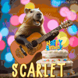Animated birthday GIF showing a capybara playing guitar and singing beside a birthday cake with the name Scarlet in large letters and colorful bokeh lights in the background.