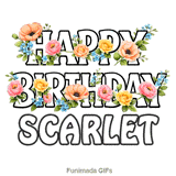 Happy Birthday Scarlet message decorated with pink roses and blue forget-me-nots swaying in the wind