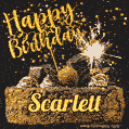 Celebrate Scarlett's birthday with a GIF featuring chocolate cake, a lit sparkler, and golden stars