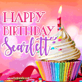 A vibrant birthday GIF featuring a rainbow-colored cupcake topped with white frosting, sprinkles, and a lit candle. The text reads 'Happy Birthday Scarlett' in bold pink and violet letters with white outline.