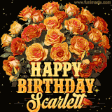 Animated bouquet of orange roses with moving butterfles and golden 'Happy Birthday Scarlett' text, surrounded by sparkling accents and a dark backdrop for a luxurious feel.