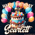 Hand-drawn happy birthday cake adorned with an arch of colorful balloons - name GIF for Scarlett