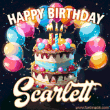 Bright birthday animation for Scarlett with a chocolate cake, candles, balloons, and glowing celebratory lights.