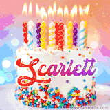 A cheerful white birthday cake with multicolor sprinkles, lit candles, and 'Scarlett' written in vibrant letters, in an animated GIF.