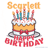 Cartoon birthday cake with a red bow, glowing candles, and 'Scarlett Happy Birthday' text in bold animated style.