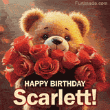 Cinematic style cute animated teddy bear with charming features holding a large bouquet of red roses, the words say 'Happy Birthday Scarlett' in sans serif font.