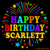 Personalized greeting card with name, colorful text that says 'Happy Birthday Scarlett' surrounded by animated fireworks and multicolor stars