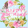 A charming animated GIF featuring 'Happy Birthday Scarlett' in pink and green text, surrounded by delicate roses, leaves, and fluttering butterflies on a soft light blue pastel background.