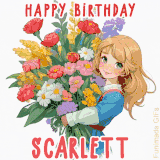 Bright floral birthday animation for Scarlett showing a cute cartoon girl with golden hair and expressive eyes holding a huge bouquet, surrounded by birthday text.