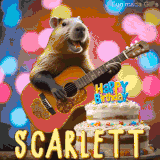 Animated birthday GIF showing a capybara playing guitar and singing beside a birthday cake with the name Scarlett in large letters and colorful bokeh lights in the background.