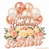 Stylish pink and gold Happy Birthday Scarlett animation with floral decor