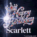Shimmering animated card with a royal silver crown and crystal lettering on a dark backdrop for Scarlett's celebration.