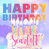 A vibrant animated name GIF with the words 'Happy Birthday Scarlett' with colorful candles on a creamy cake. The background sparkles with pastel shades, adding a festive touch.