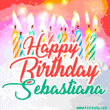 Bright birthday candles with rainbow flames on a cake, alongside the text 'Happy Birthday Sebastiana' in vibrant script in this celebratory animated GIF.