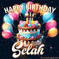 Hand-drawn happy birthday cake adorned with an arch of colorful balloons - name GIF for Selah