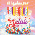 Personalized for Selah elegant birthday cake adorned with rainbow sprinkles, colorful candles and glitter
