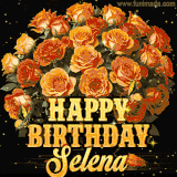 Animated bouquet of orange roses with moving butterfles and golden 'Happy Birthday Selena' text, surrounded by sparkling accents and a dark backdrop for a luxurious feel.