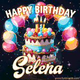 Bright birthday animation for Selena with a chocolate cake, candles, balloons, and glowing celebratory lights.