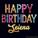 Vibrant luxury birthday greeting card for Selena, showing glittering gemstone letters and golden calligraphy on a dark background with twinkling shine effects.