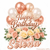 Classy Happy Birthday Selena looping GIF with pastel balloons and greenery
