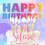 A vibrant animated name GIF with the words 'Happy Birthday Selena' with colorful candles on a creamy cake. The background sparkles with pastel shades, adding a festive touch.