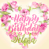 A stunning heart made of pink roses surrounds the elegant script text 'Happy Birthday Selena' on a soft beige background. Animated sparkles add a magical and festive feel.