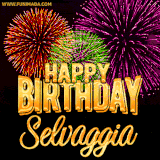 A golden 'Happy Birthday Selvaggia' message with vibrant fireworks in the background, creating a festive and celebratory vibe in this animated name GIF.