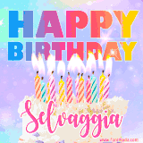 A vibrant animated name GIF with the words 'Happy Birthday Selvaggia' with colorful candles on a creamy cake. The background sparkles with pastel shades, adding a festive touch.