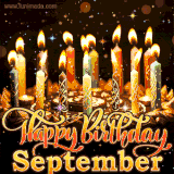A glowing personalized birthday GIF with name September featuring lit candles with intricate designs, warm lighting, and the text 'Happy Birthday' in an elegant font.