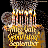 A chocolate birthday cake with glowing candles, the German text 'Alles Gute zum Geburtstag September,' and vibrant fireworks lighting up the background in an animated GIF.