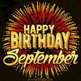 Golden 'Happy Birthday September' text accompanied by animated rainbow fireworks for a festive animated greeting.